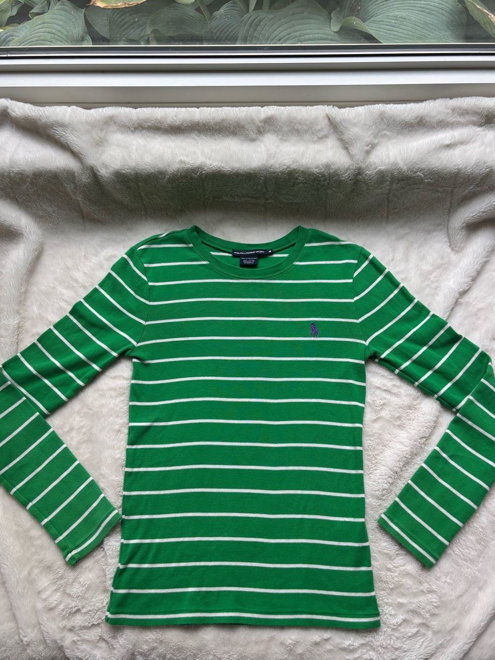 Ralph Lauren Green and White Striped Long-Sleeve Crewneck Tee